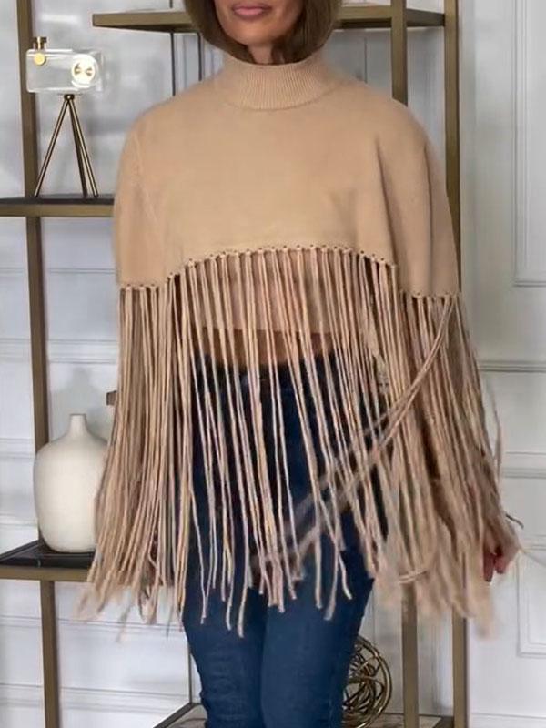 Women's High Collar Fringe Cape khaki