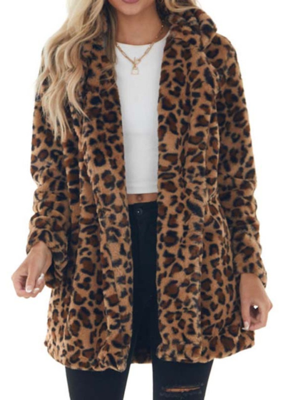 Women's Casual Loose Plush Leopard Jacket brown