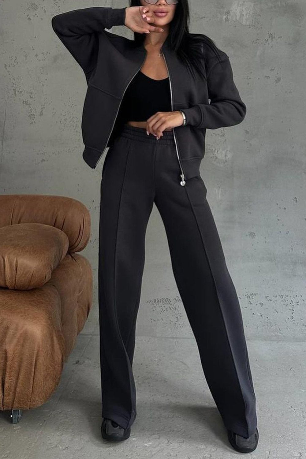 Women's Zipper Jacket & Pants Two-piece Set Black