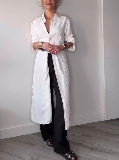 Women's Casual Lapel Single Breasted Long Shirt white