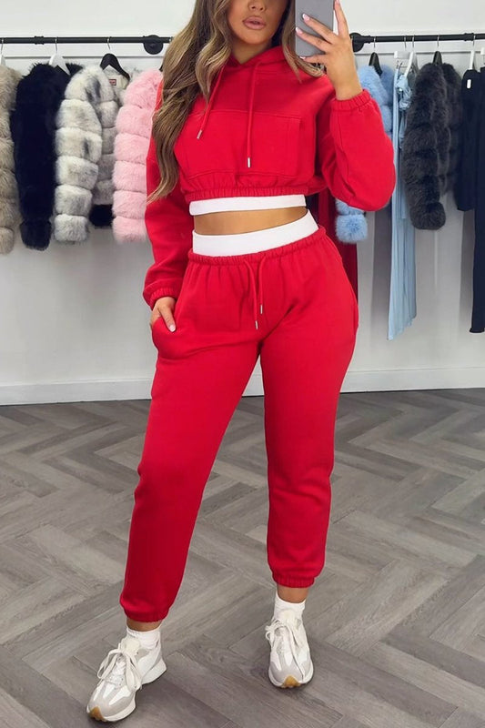 Women's Casual Hooded Long-sleeved Two-piece Suit red