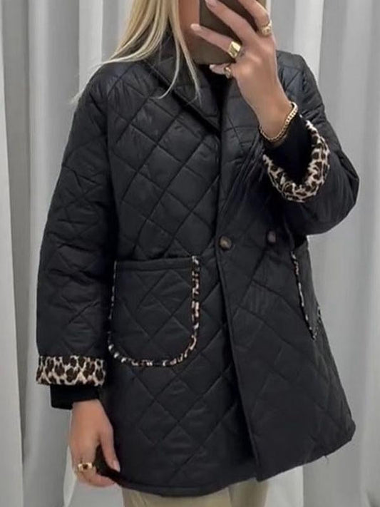 Women's Leopard Print Patchwork Cotton Coat black