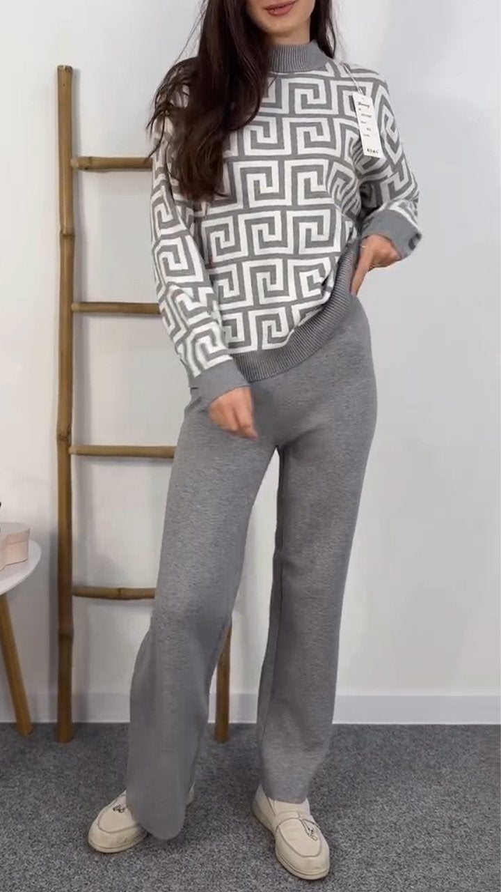 Women's Round Neck Printed Top and Trousers Two-piece Set grey