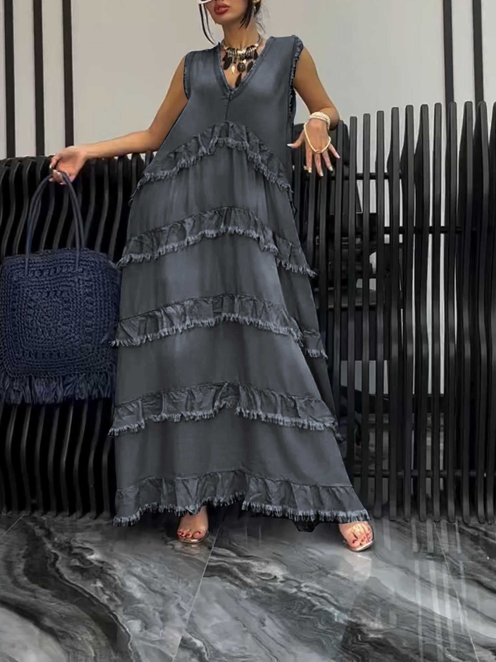 Women's V-neck casual dress Gray