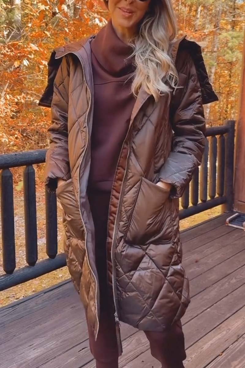 Women's casual solid color large lapel mid-length cotton coat Brown