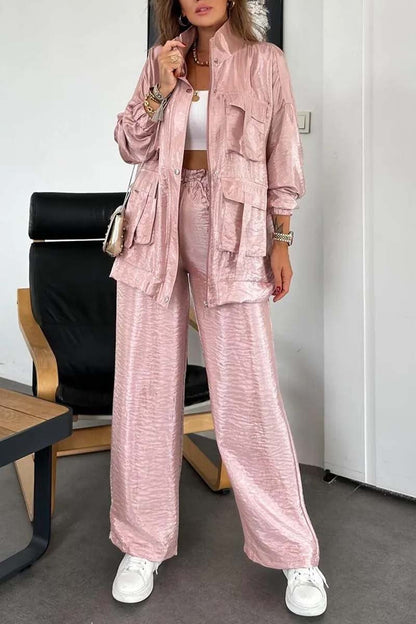 Women's Fashionable Multi-Pocket Shiny Two-Piece Set Pink