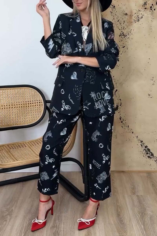 Women's Fashion Printed Suit Two Piece Set Black