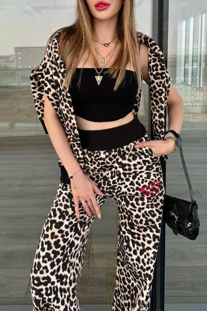 Women's Casual Stand-up Collar Leopard Printed Two-piece Suit