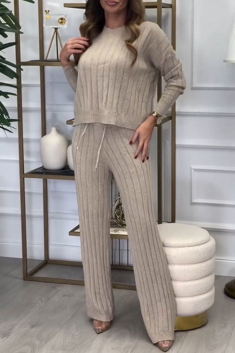 Women's Round Neck Solid Color Sweater and Trousers Two-piece Set beige