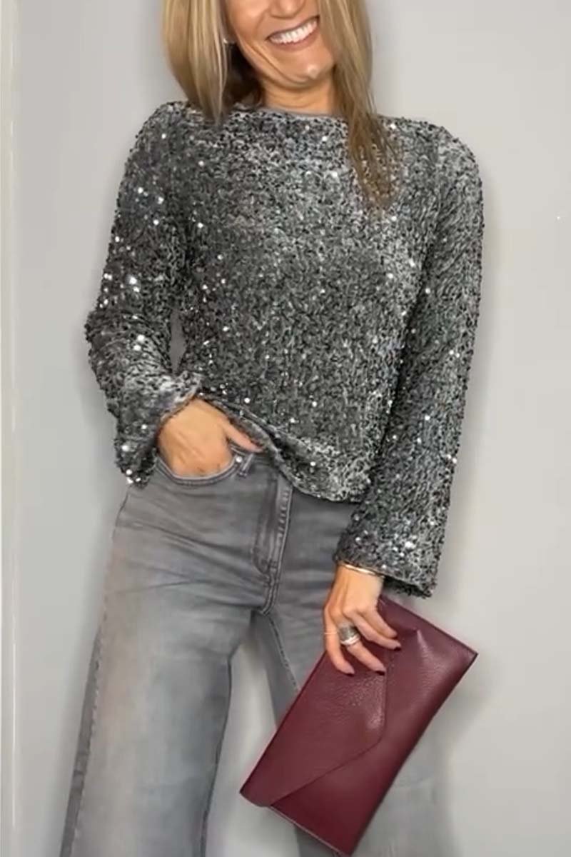 Women's Fashionable Sequined Round Neck Long Sleeve Top