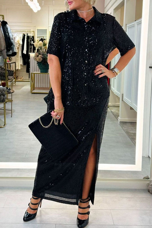 Women's Solid Color Sequined Slit Dress black