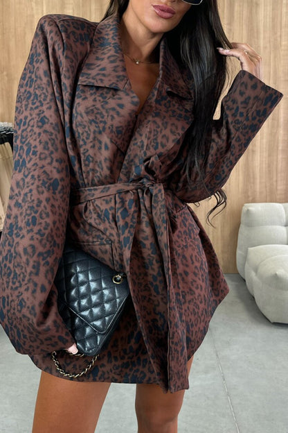 Women's Lapel Long Sleeve Leopard Print Casual Suit