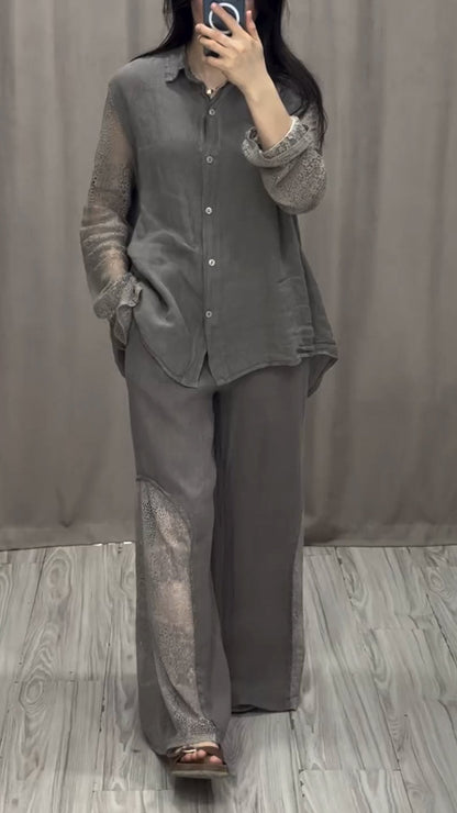 Women's Lapel Long-sleeved Lace Patchwork Suit Gray