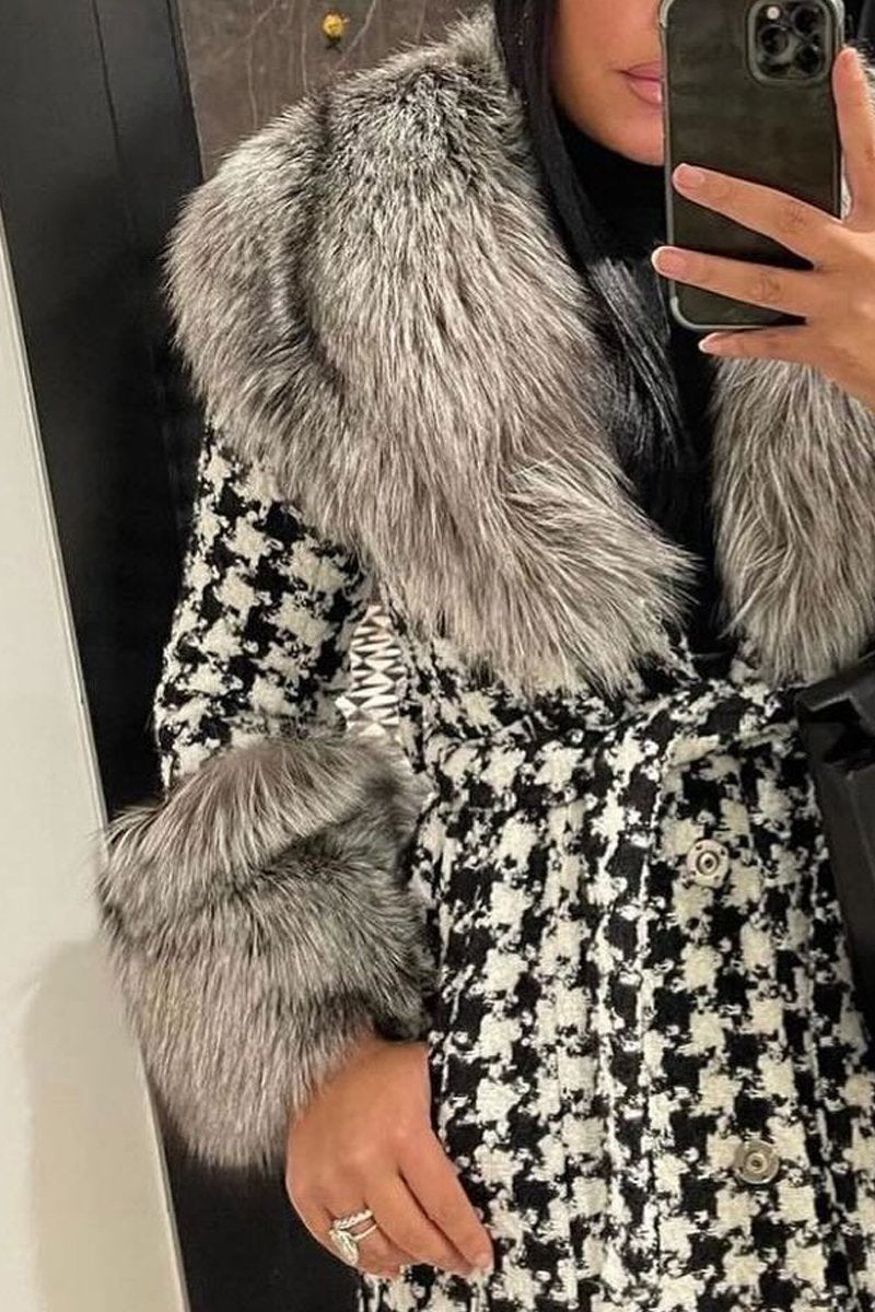 Women's Fashion Houndstooth Splicing Plush Collar Bang Belt Long Coat