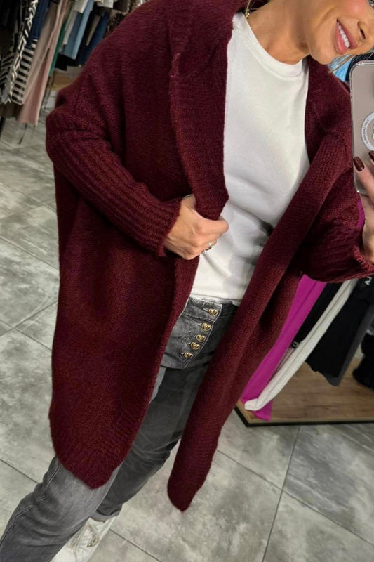 Women's Hooded Long-sleeved Knitted Casual Long Cardigan red