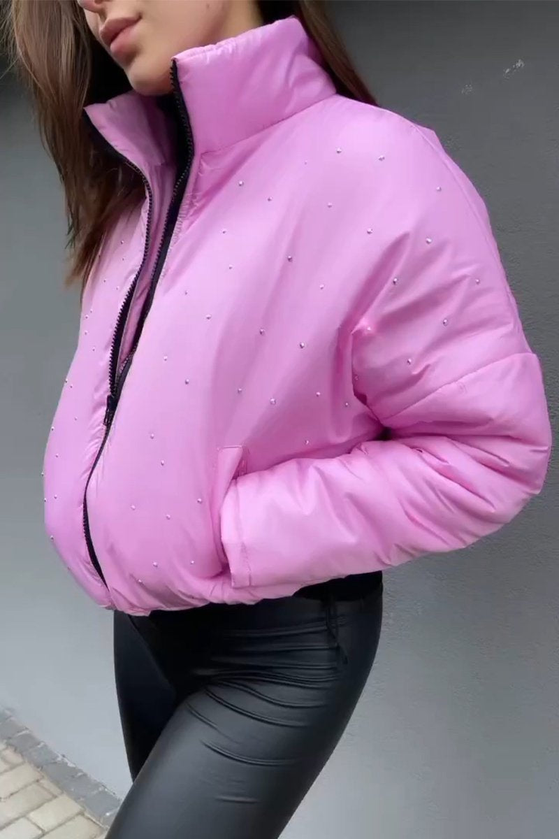 Women's Casual Stand Collar Diamond Short Cotton Coat pink