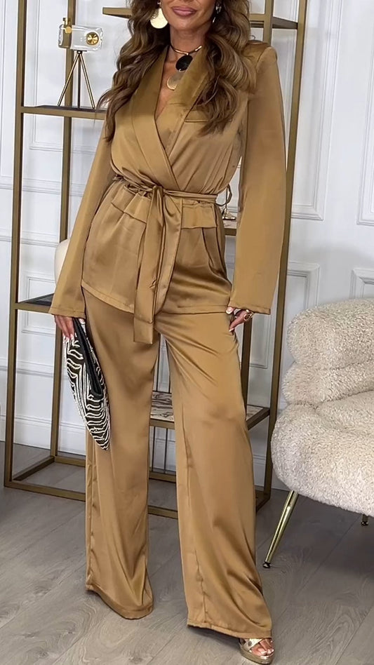 Women's Lapel Long Sleeve Satin Suit gold