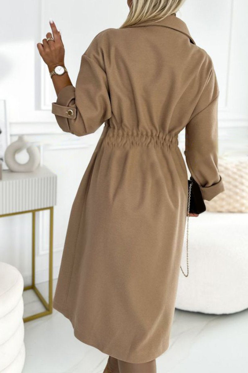 Ladies Lapel Long Sleeve Drawstring Design Long Coat