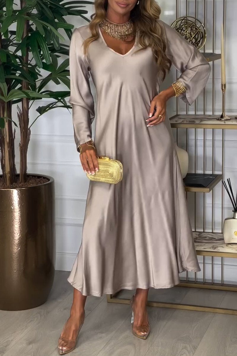 Women's V-neck Long-sleeved Satin Dress apricot