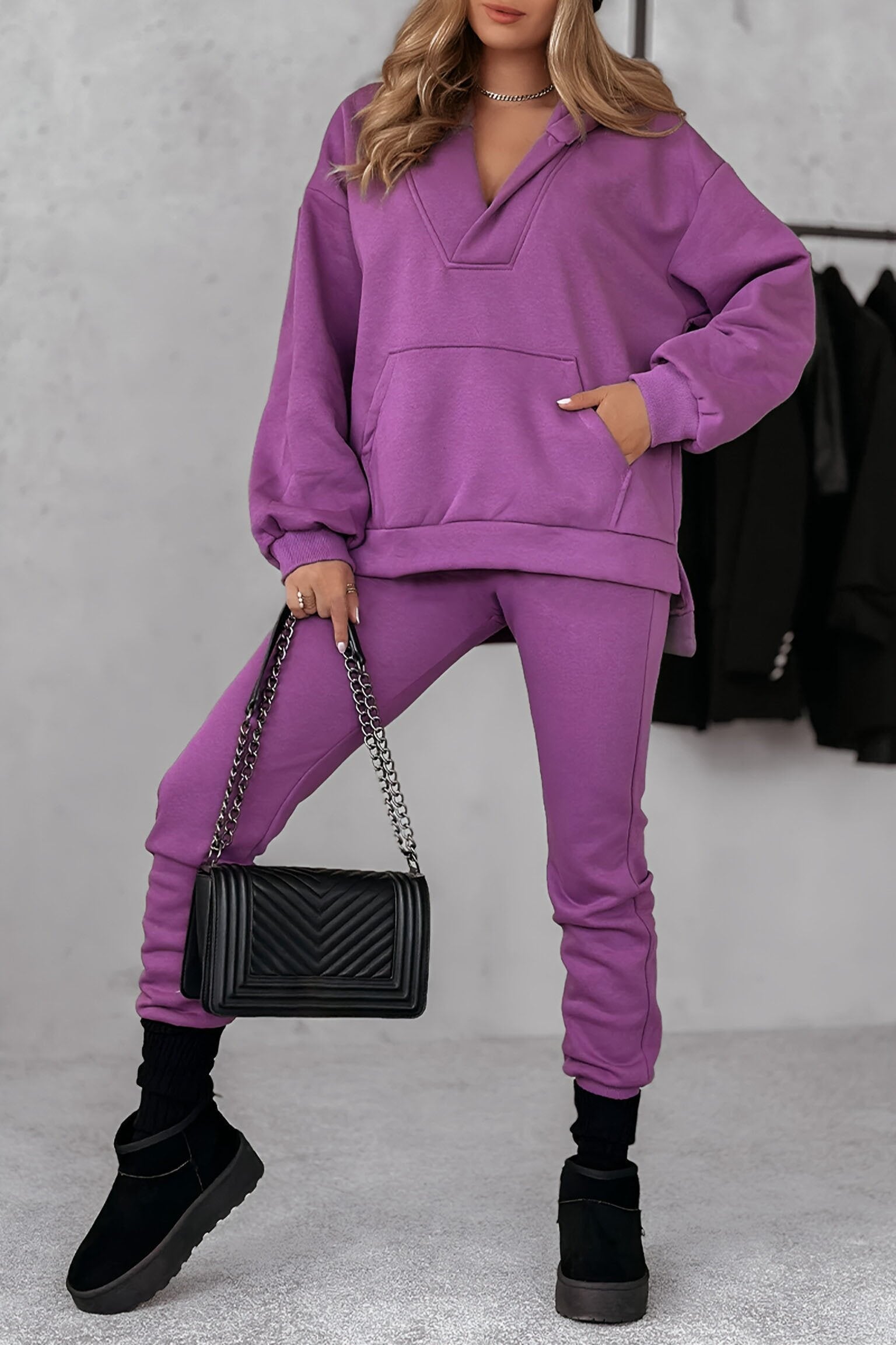 Women's V-neck Long-sleeved Hooded Sweatshirt Two-piece Set purple