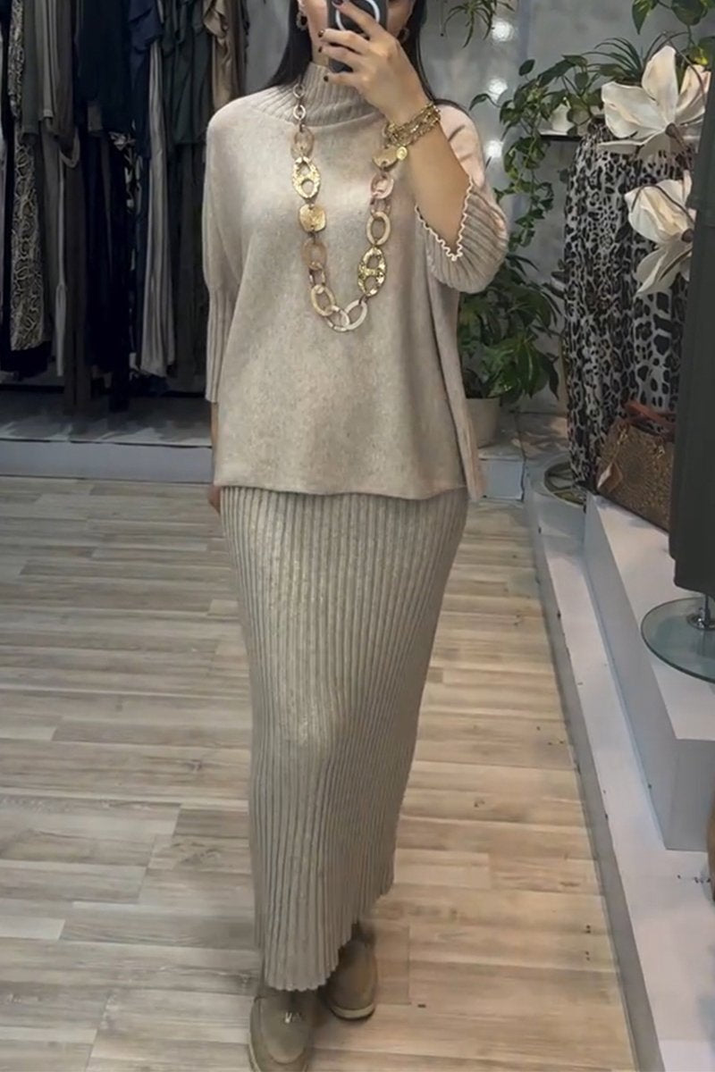 Women's Turtleneck Long Sleeve Sweater and Skirt Two Piece Suit beige