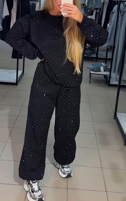 Women's Casual Round Neck Diamond Hooded Two Piece Suit black