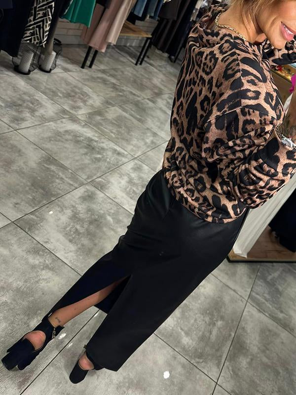 Women's Round Neck Long Sleeve Leopard Print Top and Skirt Set