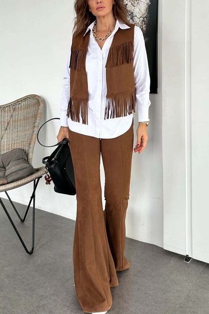 Women's Stylish Suede Fringe Sleeveless Top and Flare Pants Two-Piece Set