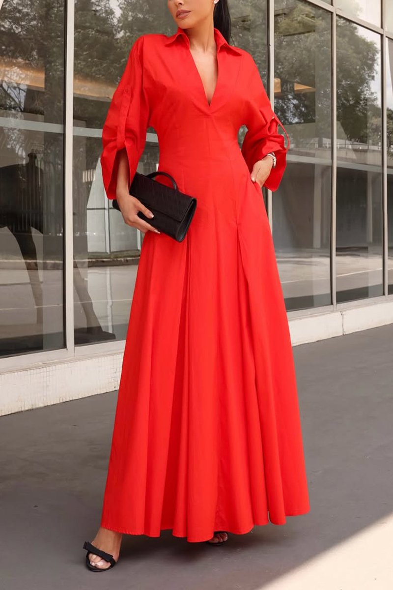 Women's Lapel Solid Color Mid-length Sleeve Dress