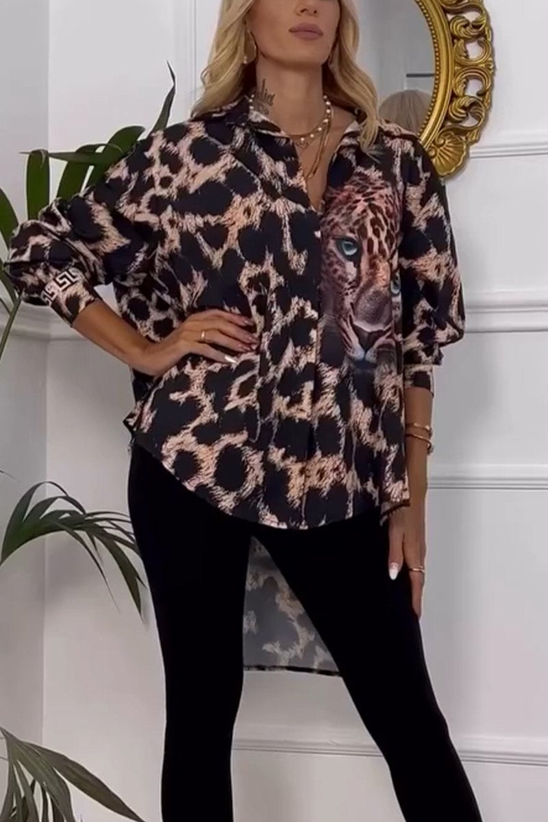 Women's Casual Lapel Leopard Printed Shirt black