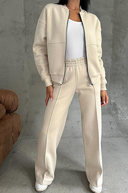 Women's Zipper Jacket & Pants Two-piece Set apricot