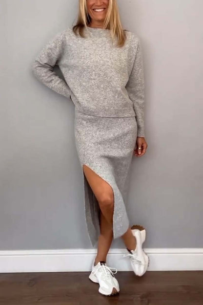 Women's casual solid color knitted crew neck sweater suit Light Gray