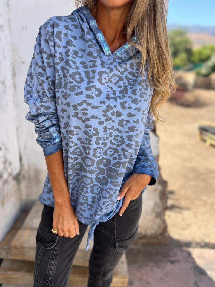 Casual Leopard Printed Hooded Sweatshirt blue