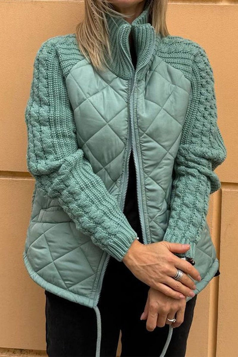 Women's Casual Solid Color Knitted Patchwork Zipped Jacket lake blue