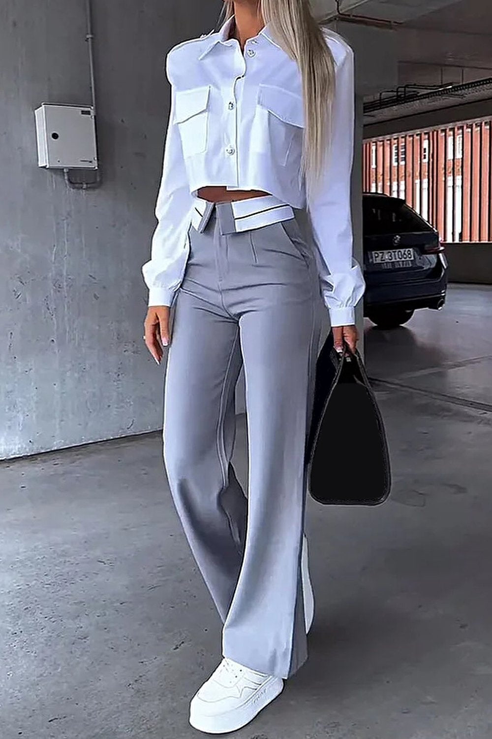 Women's Shirt Top and Pants Two-piece Set White and grey