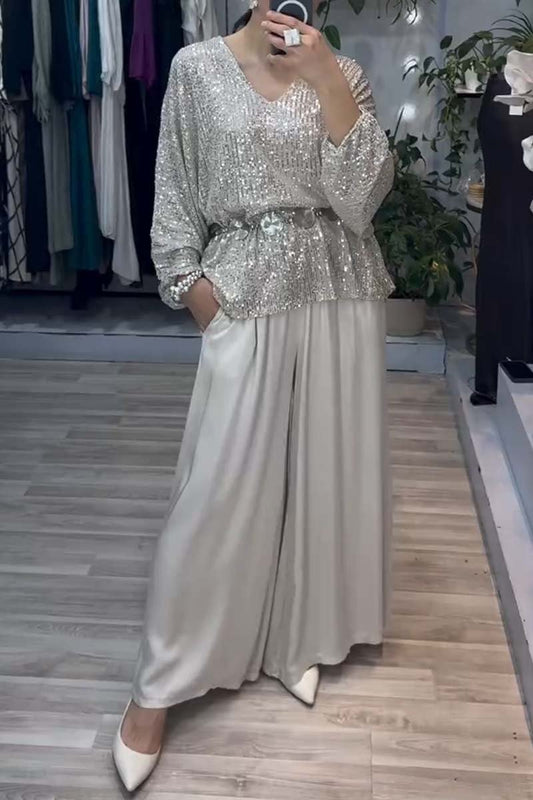 Women's Stylish Sequin Top and Satin Wide Leg Pants Set Silver