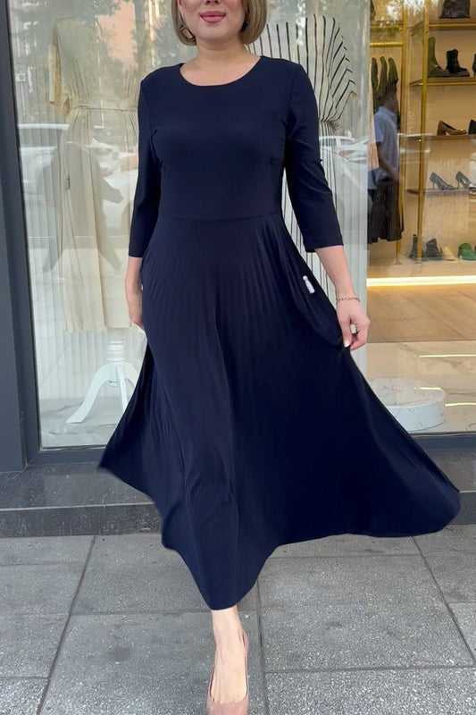 Women's Casual Round Neck Mid-length Sleeve Pleated Dress navy blue