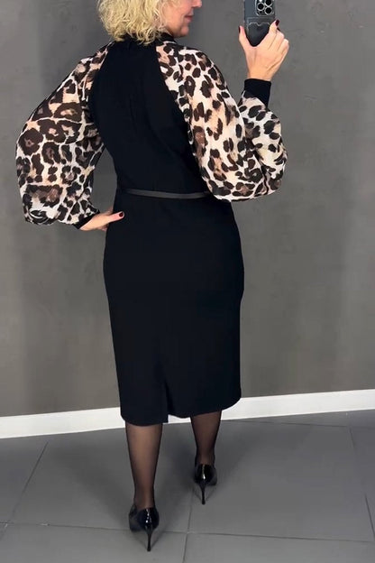 Women's Casual Round Neck Leopard Printed Sleeve Dress