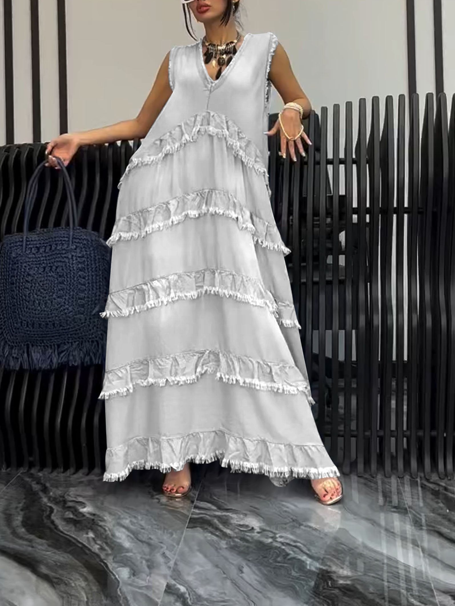 Women's V-neck casual dress White