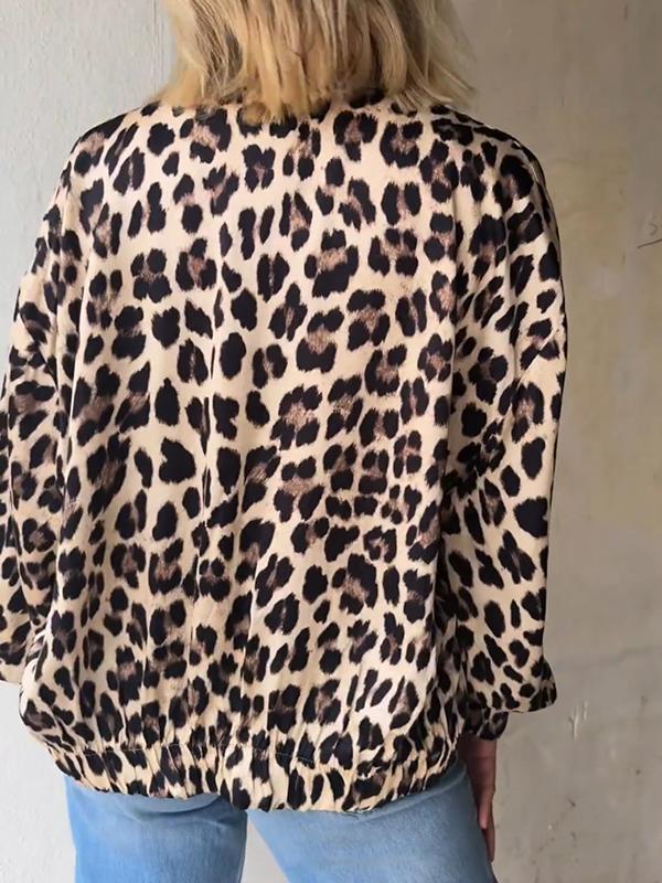 Women's Casual Round-neck Zippered Leopard Printed Jacket