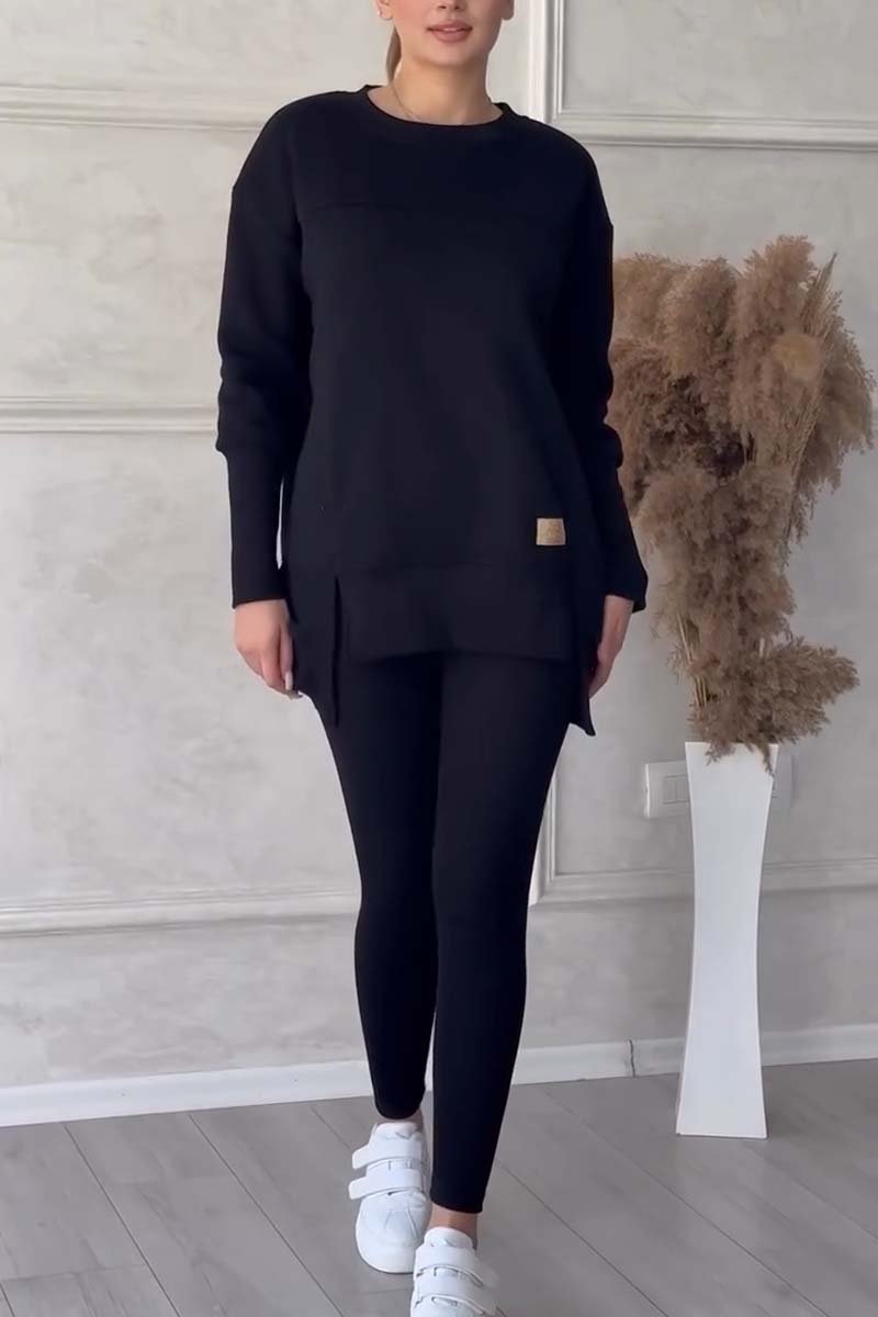 Women's Casual Solid Color Round Neck Long Sleeve Slit Hem Sweatshirt Leggings Set Black