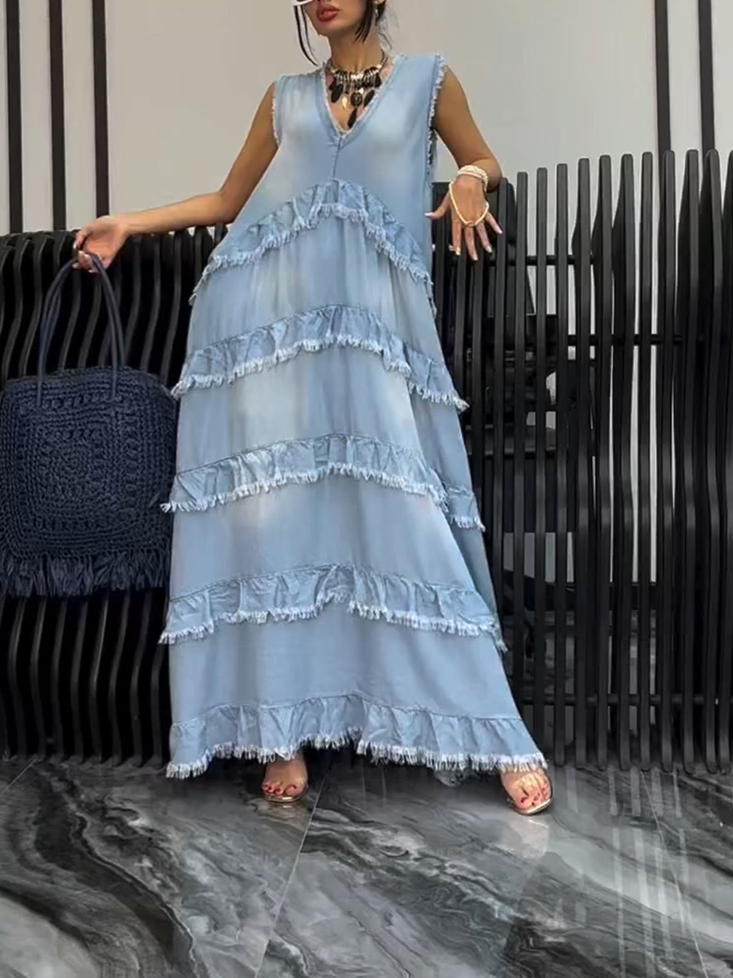 Women's V-neck casual dress Light blue