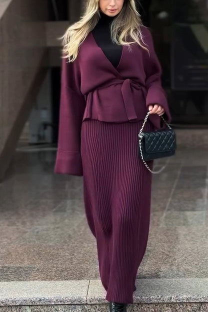 Women's Casual V-neck Solid Color Two-piece Suit wine red