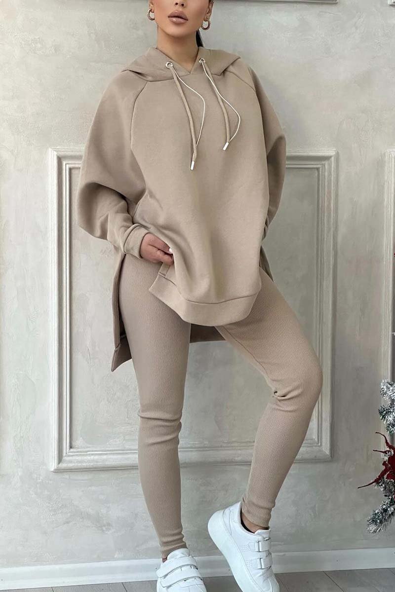 Women's casual solid color slit hem hooded sweatshirt sports suit Khaki