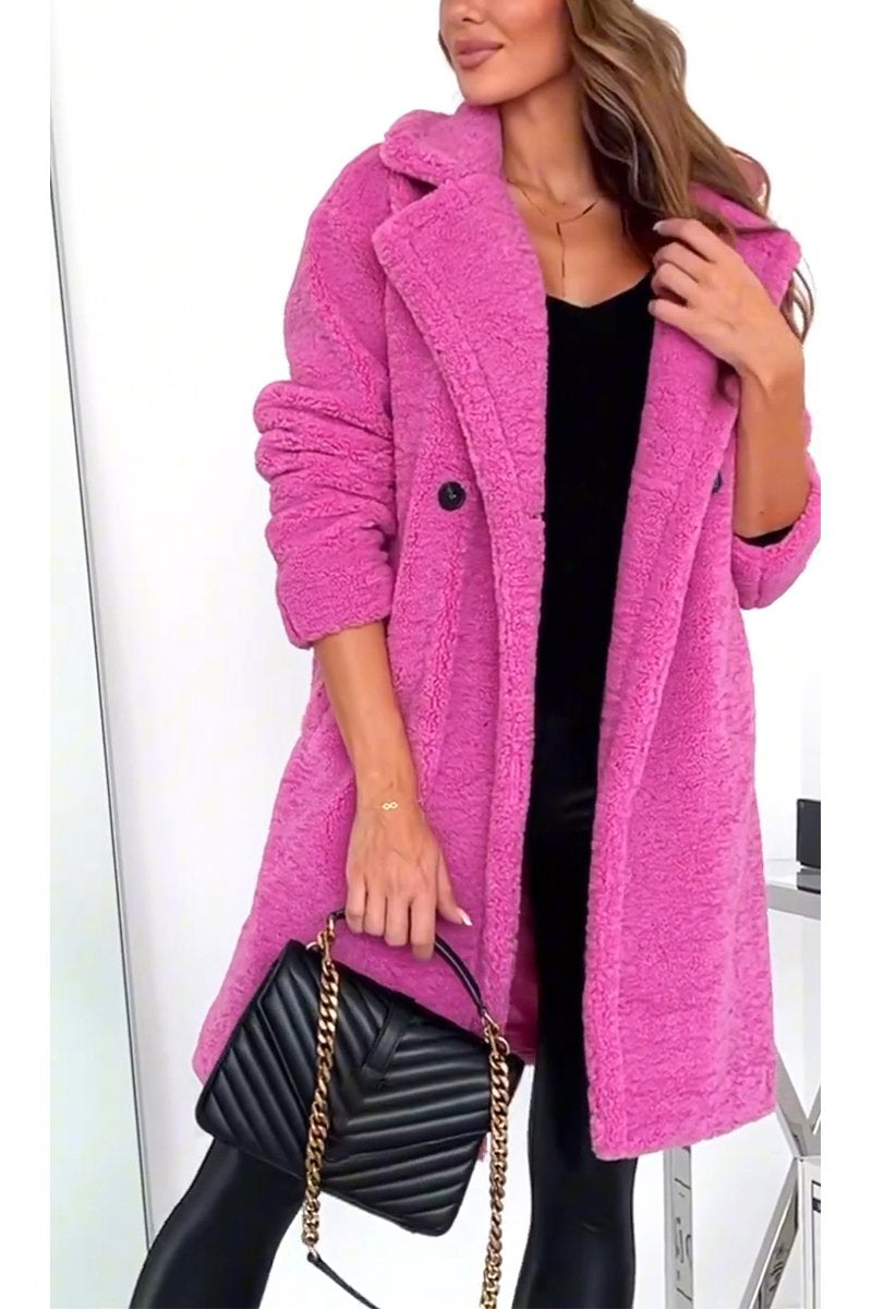 Women's Casual Lapel Lamb Coat rose red