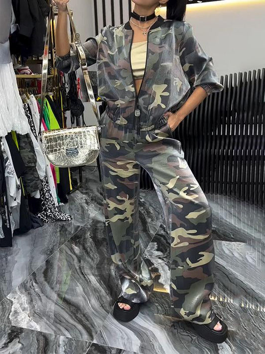 Women's Camouflage Pattern Casual Two-piece Set Camouflage