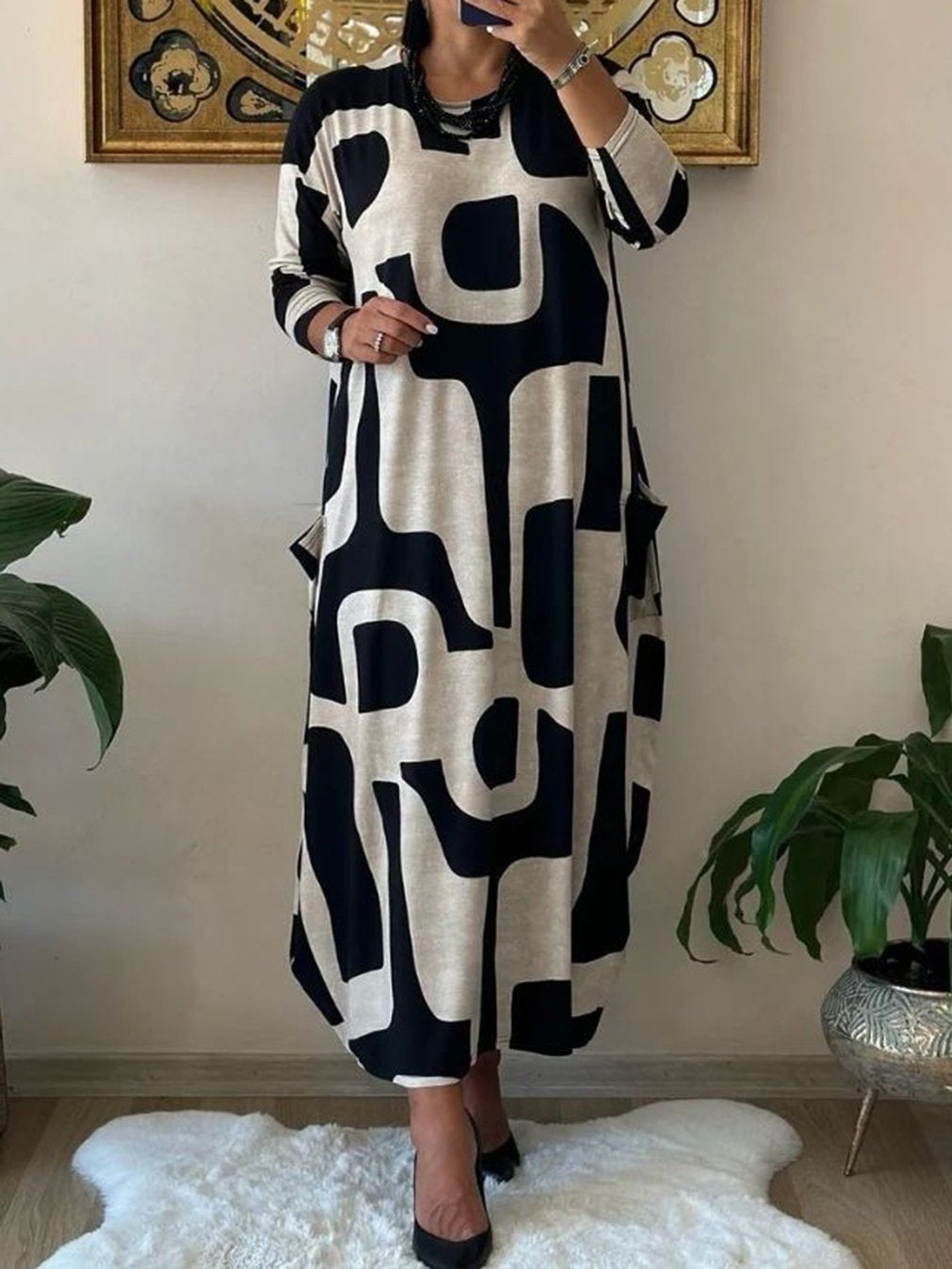 Women's Casual Printed Long Sleeve Dress Black