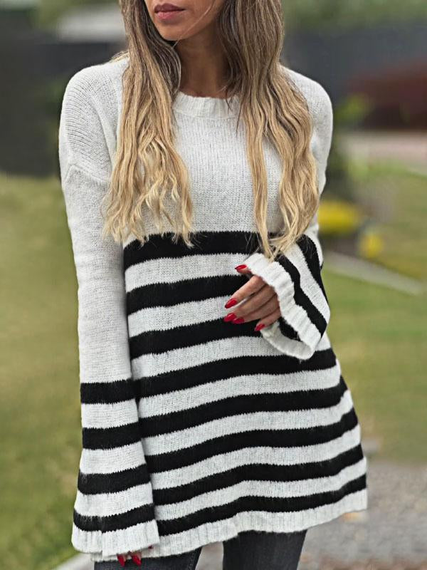 Women's Contrast Color Striped Sweater Top black and white stripes