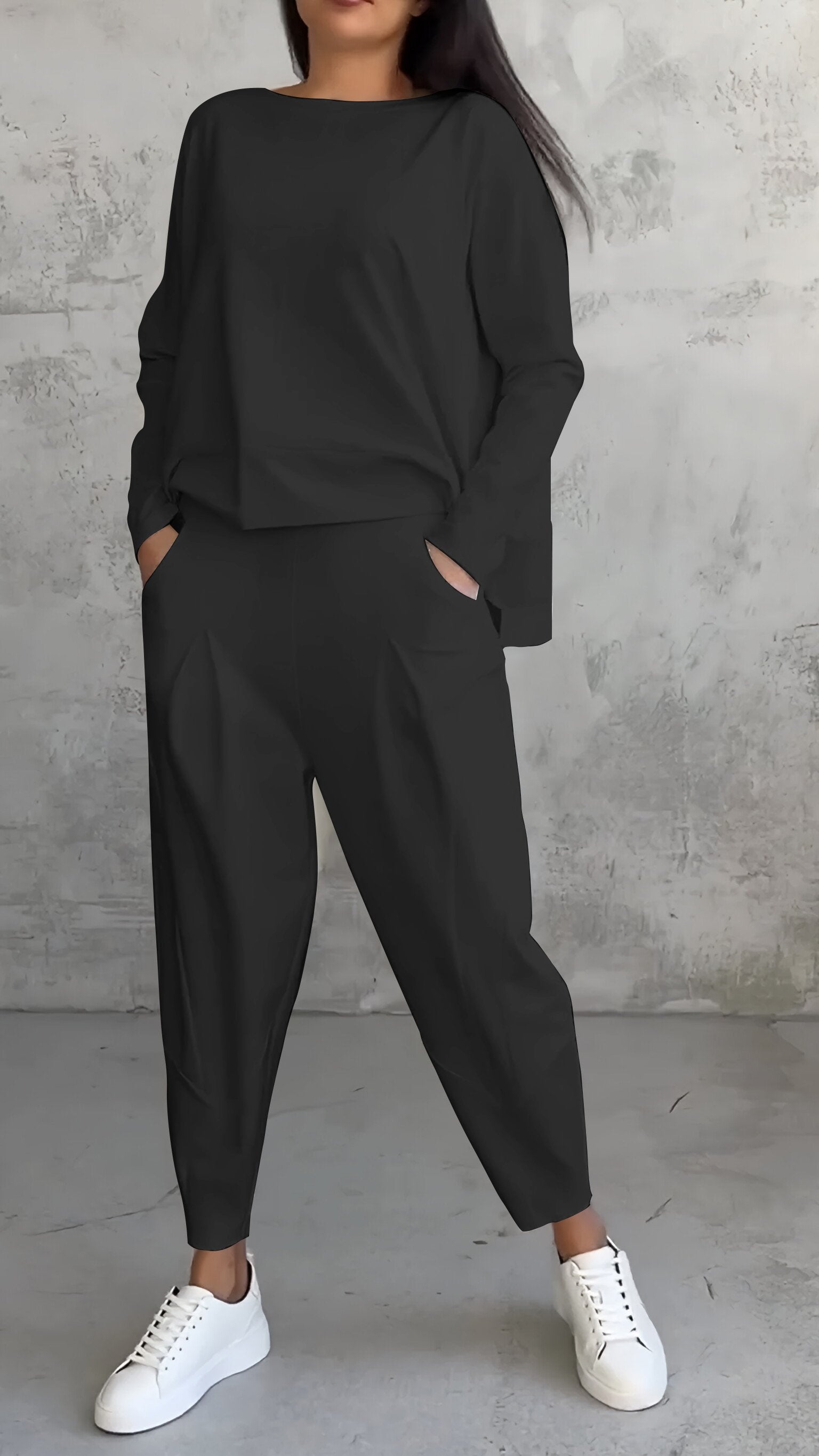 Casual Round Neck Long Sleeve Two Piece Suit black