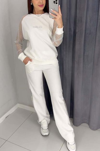 Women's casual patchwork mesh sports suit White